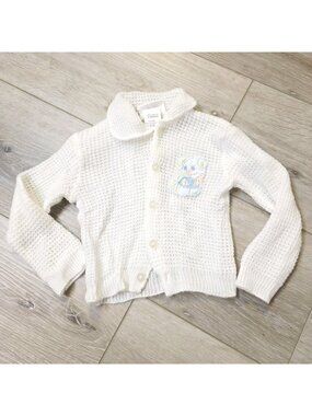 Vtg Infant Crocheted White Knit Button Up Sweater Cardigan Teddy Bear Patch 0/6M